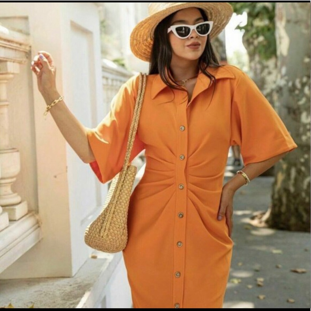 Zara orange draped shirt dress - Picture 5 of 16
